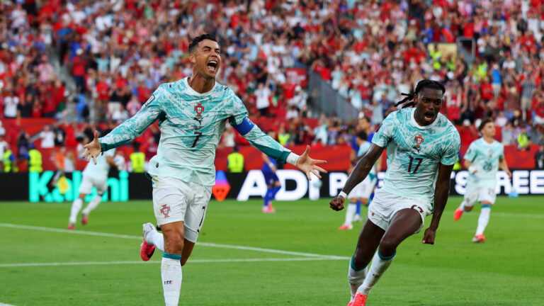 Soccer Football - FIFA World Cup 2026 - Round of 32 - Portugal v Croatia - Toronto Stadium, Toronto, Canada - July 2, 2026 Portugal's Cristiano Ronaldo celebrates scoring their first goal with Rafael Leao REUTERS