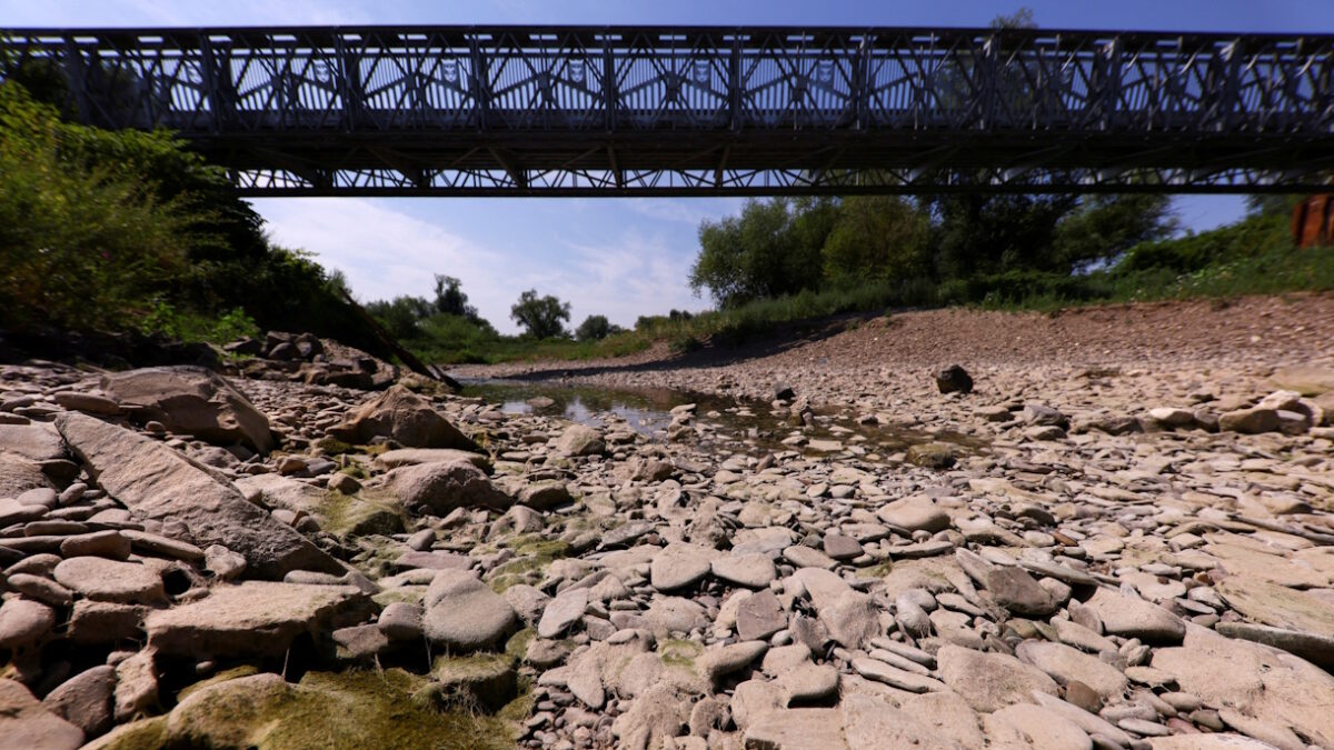 FILE PHOTO: The partially dried-out riverbed of the Ahr river, at its confluence with the Rhine river, in Sinzig, Germany.