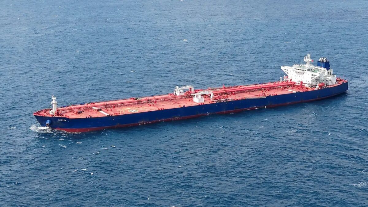 A drone view shows the Russian-flagged tanker Bratsk, under U.S. sanctions for links to the Russian state-owned shipping company Sovcomflot, in Baniyas