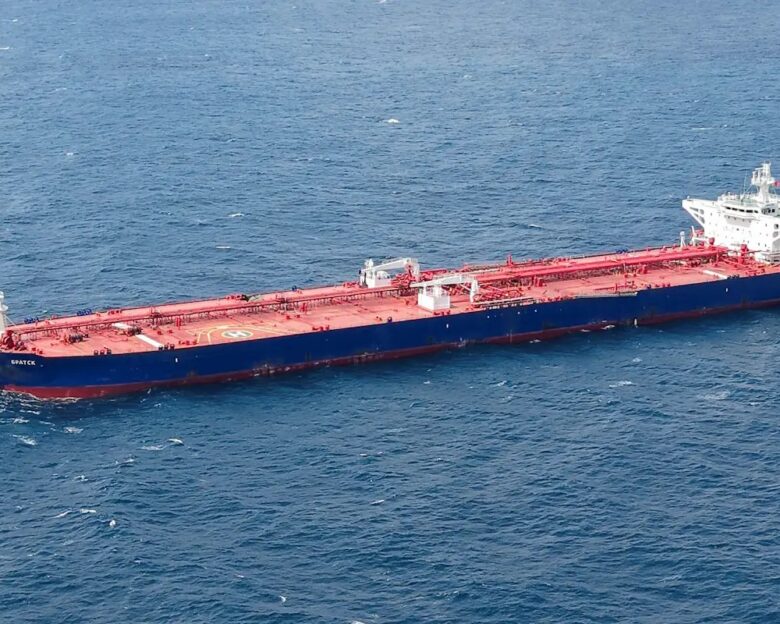A drone view shows the Russian-flagged tanker Bratsk, under U.S. sanctions for links to the Russian state-owned shipping company Sovcomflot, in Baniyas