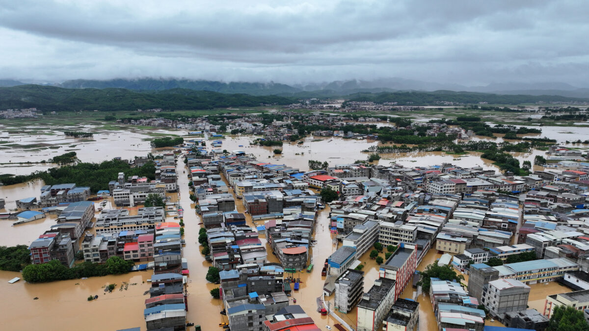 A drone view shows flooding in Pingshan village after heavy rainfall brought by Typhoon Maysak, in Hengzhou, Guangxi Zhuang Autonomous Region, China July 6, 2026. cnsphoto via REUTERS ATTENTION EDITORS - THIS IMAGE WAS PROVIDED BY A THIRD PARTY. CHINA OUT. NO COMMERCIAL OR EDITORIAL SALES IN CHINA