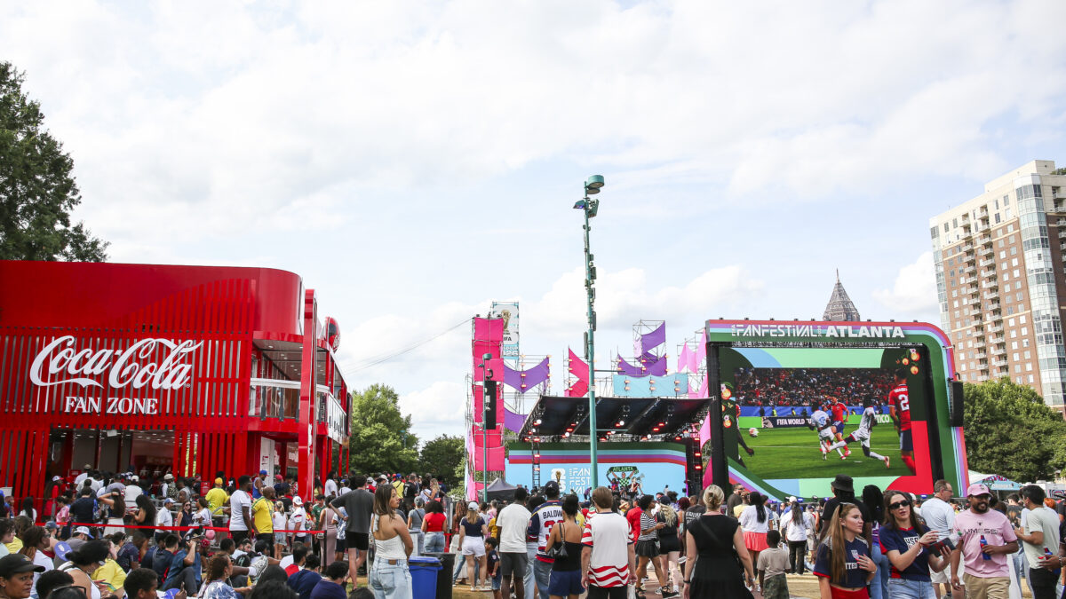 View of the Coca-Cola Fan Zone inside the FIFA Fan Festival at Centennial Olympic Park in Atlanta, Georgia on June 19, 2026.