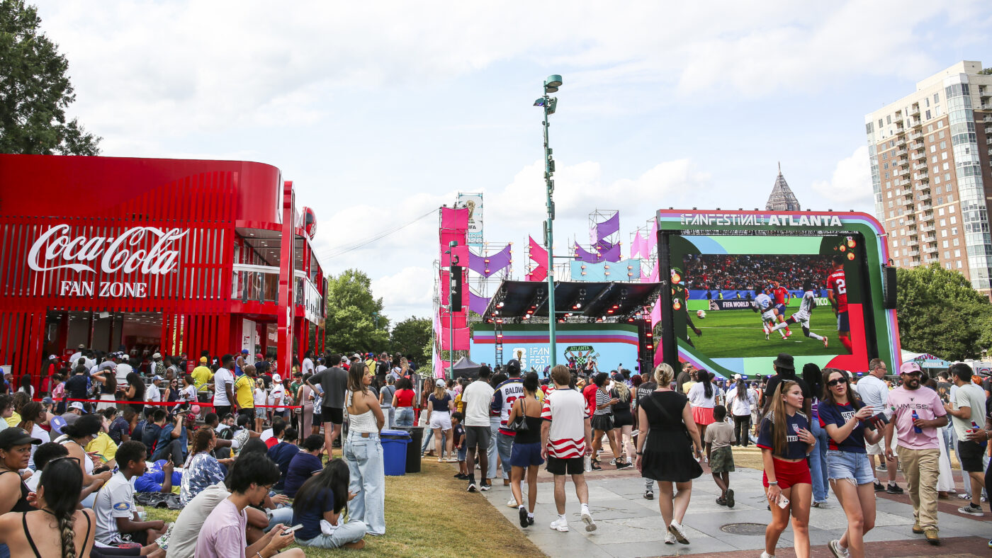 View of the Coca-Cola Fan Zone inside the FIFA Fan Festival at Centennial Olympic Park in Atlanta, Georgia on June 19, 2026.