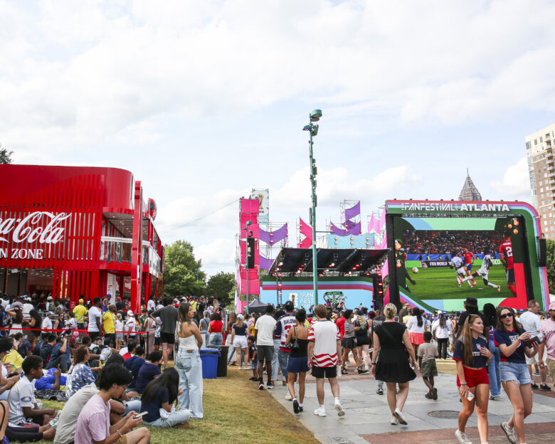 View of the Coca-Cola Fan Zone inside the FIFA Fan Festival at Centennial Olympic Park in Atlanta, Georgia on June 19, 2026.