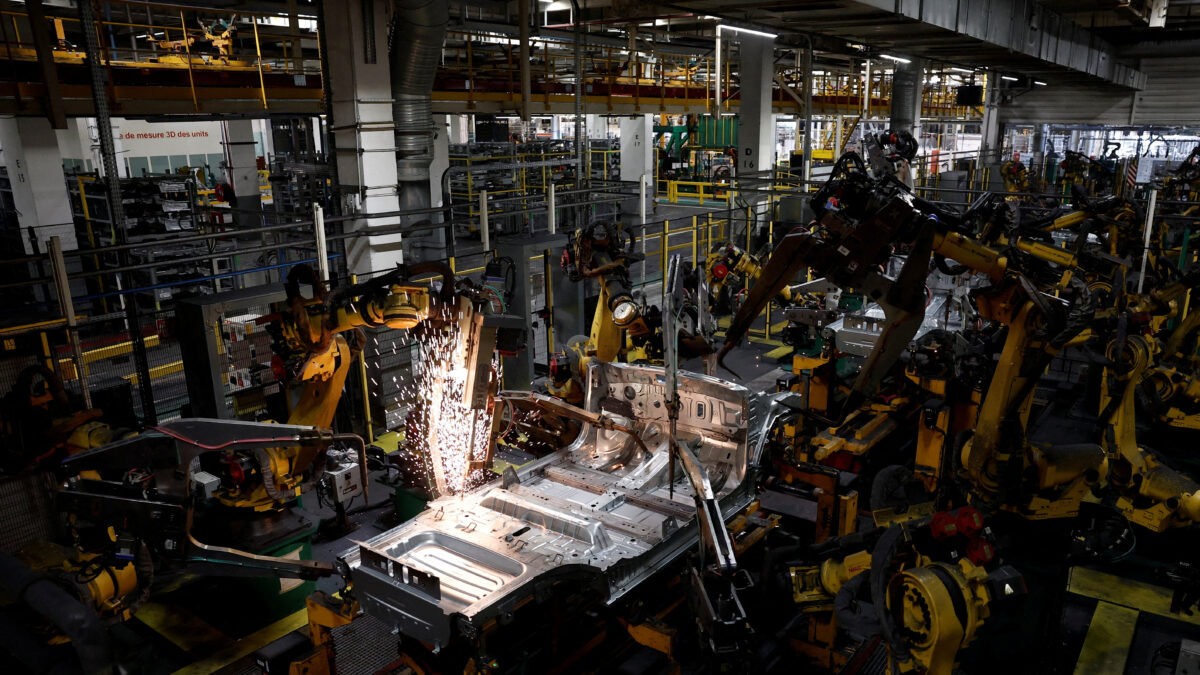 View of the automotive assembly line for the electric Renault R5 E-Tech car at the Renault factory of the Ampere ElectriCity site in Douai, France, July 15, 2026.