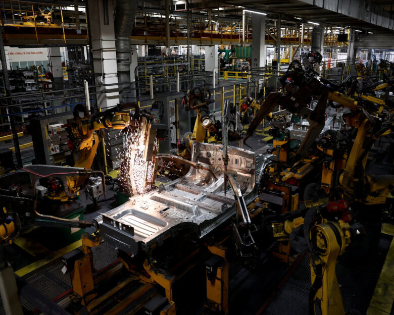 View of the automotive assembly line for the electric Renault R5 E-Tech car at the Renault factory of the Ampere ElectriCity site in Douai, France, July 15, 2026.