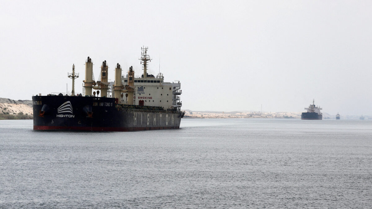 FILE PHOTO: Ships move through the Suez Canal, in Ismalia, Egypt, July 31, 2025.
