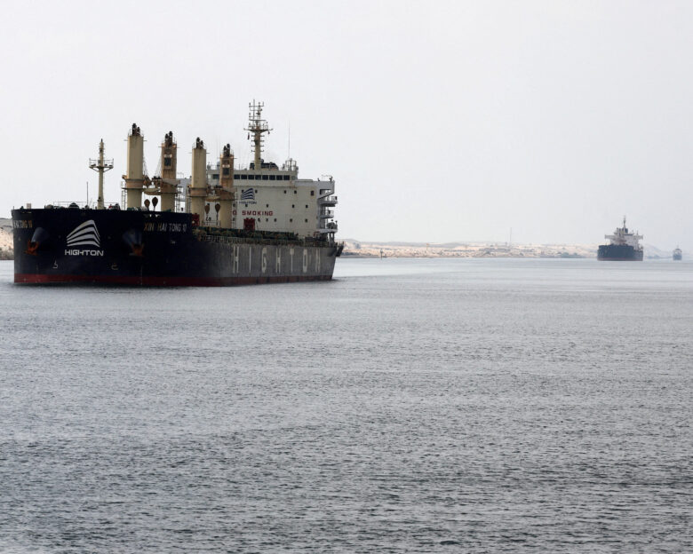 FILE PHOTO: Ships move through the Suez Canal, in Ismalia, Egypt, July 31, 2025.