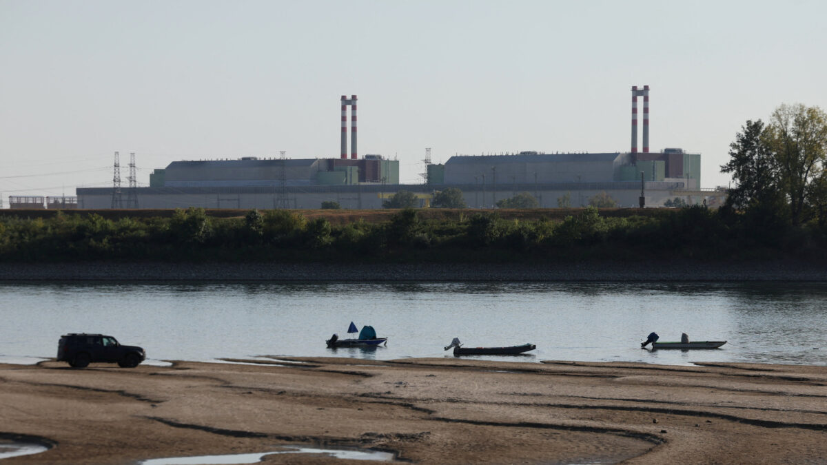 Paks Nuclear Power Plant with the partially dried-up Danube riverbed in Dunaszentbenedek, Hungary, July 31, 2026.