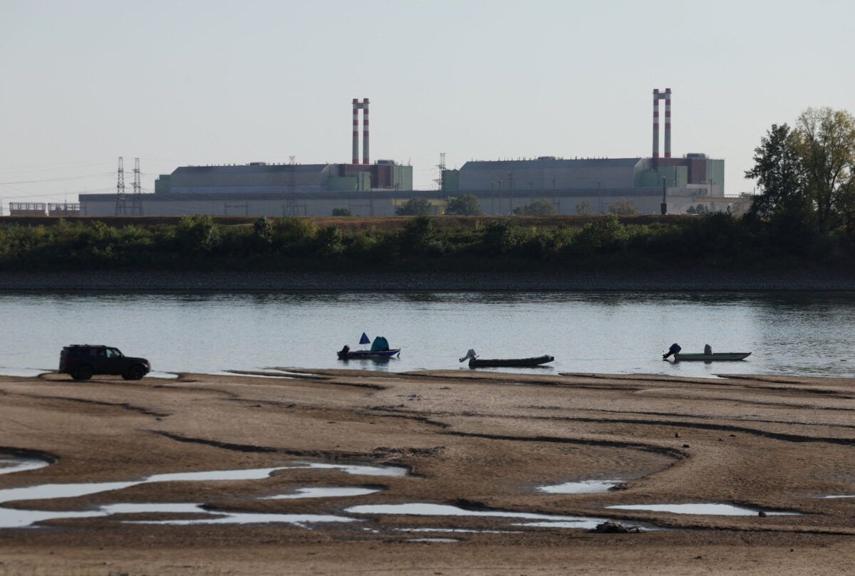Paks Nuclear Power Plant with the partially dried-up Danube riverbed in Dunaszentbenedek, Hungary, July 31, 2026.