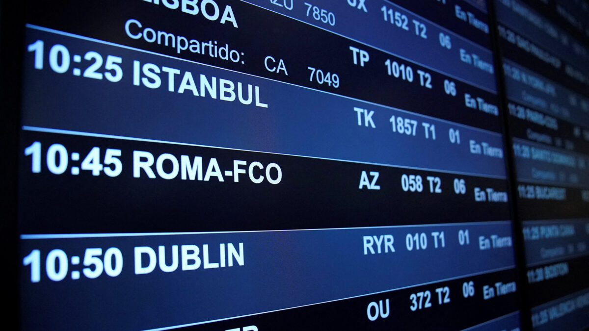 An information panel displays flight details at Adolfo Suarez Madrid–Barajas Airport, as Spain's government said it would establish border controls for flights and ships from Italy, from midnight on Saturday until September 7, in a dispute over irregular migration, in Madrid, Spain August 8, 2026.