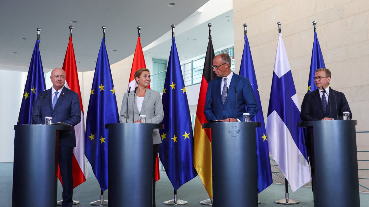 German Chancellor Friedrich Merz, Austrian Chancellor Christian Stocker, Danish Prime Minister Mette Frederiksen and Finnish Prime Minister Petteri Orpo attend a press conference during a meeting of like-minded EU member states for talks on the next Multiannual Financial Framework at the Chancellery in Berlin, Germany, August 27, 2026.