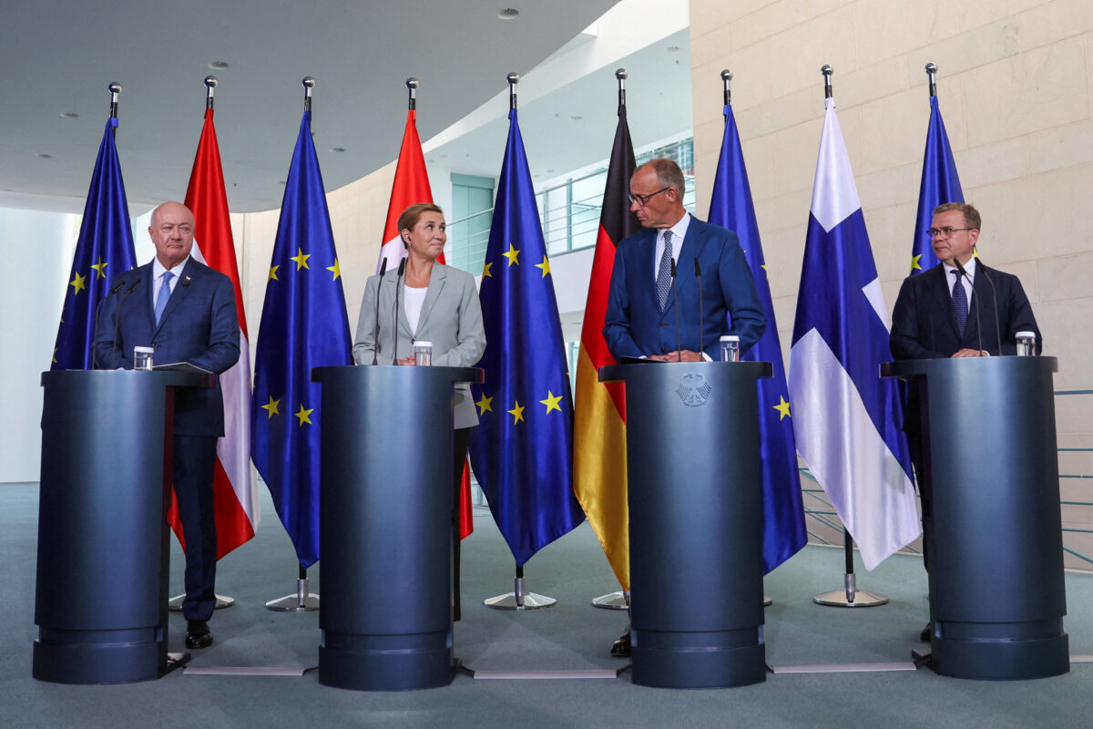 German Chancellor Friedrich Merz, Austrian Chancellor Christian Stocker, Danish Prime Minister Mette Frederiksen and Finnish Prime Minister Petteri Orpo attend a press conference during a meeting of like-minded EU member states for talks on the next Multiannual Financial Framework at the Chancellery in Berlin, Germany, August 27, 2026.