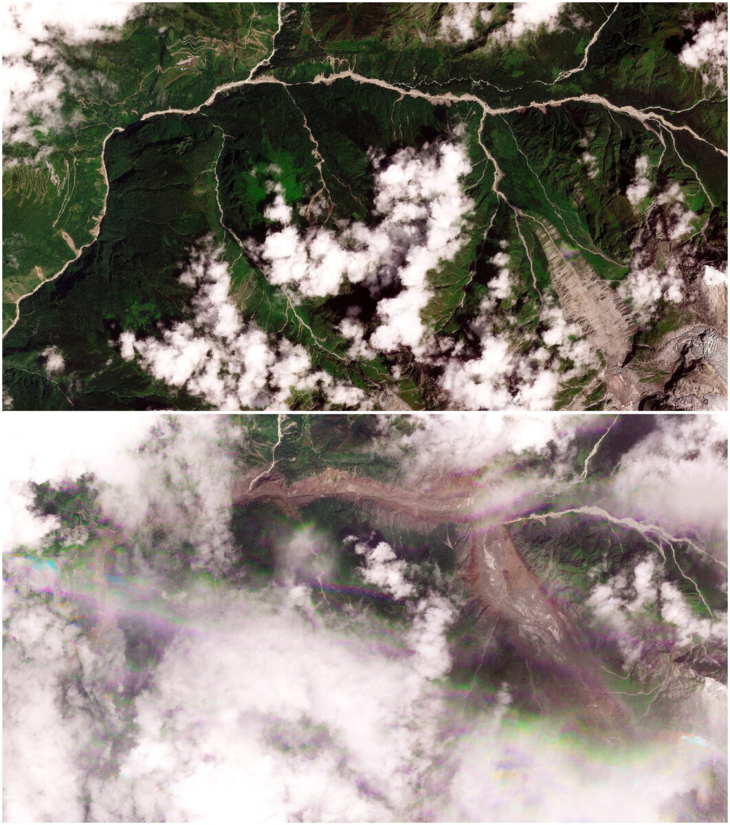 A combination of satellite images shows the valleys near the Nepal-China border on August 25, 2026, before the devastating floods (T), and on August 26, 2026, after the disaster (B). 2026 PLANET LABS PBC