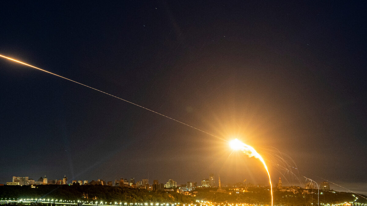 FILE - Ukrainian air defense intercepts a Shahed drone mid-air in the third Russia aerial attack on the capital in the last 24 hours in Kyiv, Ukraine, Tuesday, May 30, 2023.