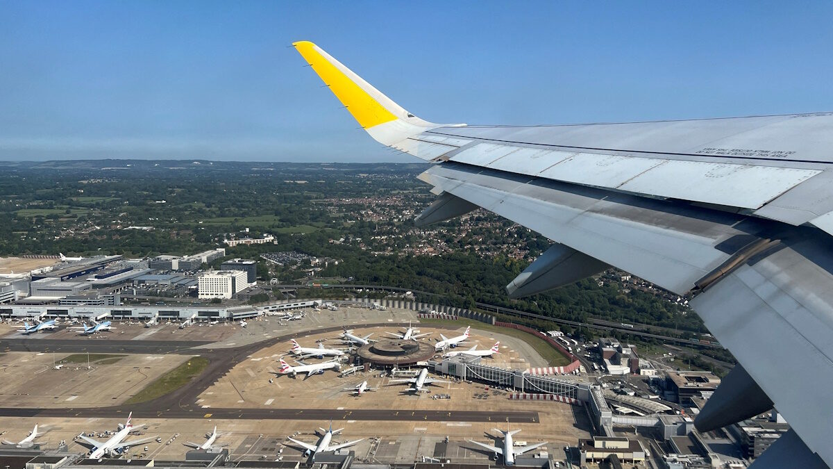 FILE PHOTO: An aerial view of London Gatwick Airport, viewed from a Vueling passenger plane, near Crawley, Britain, August 15, 2025.