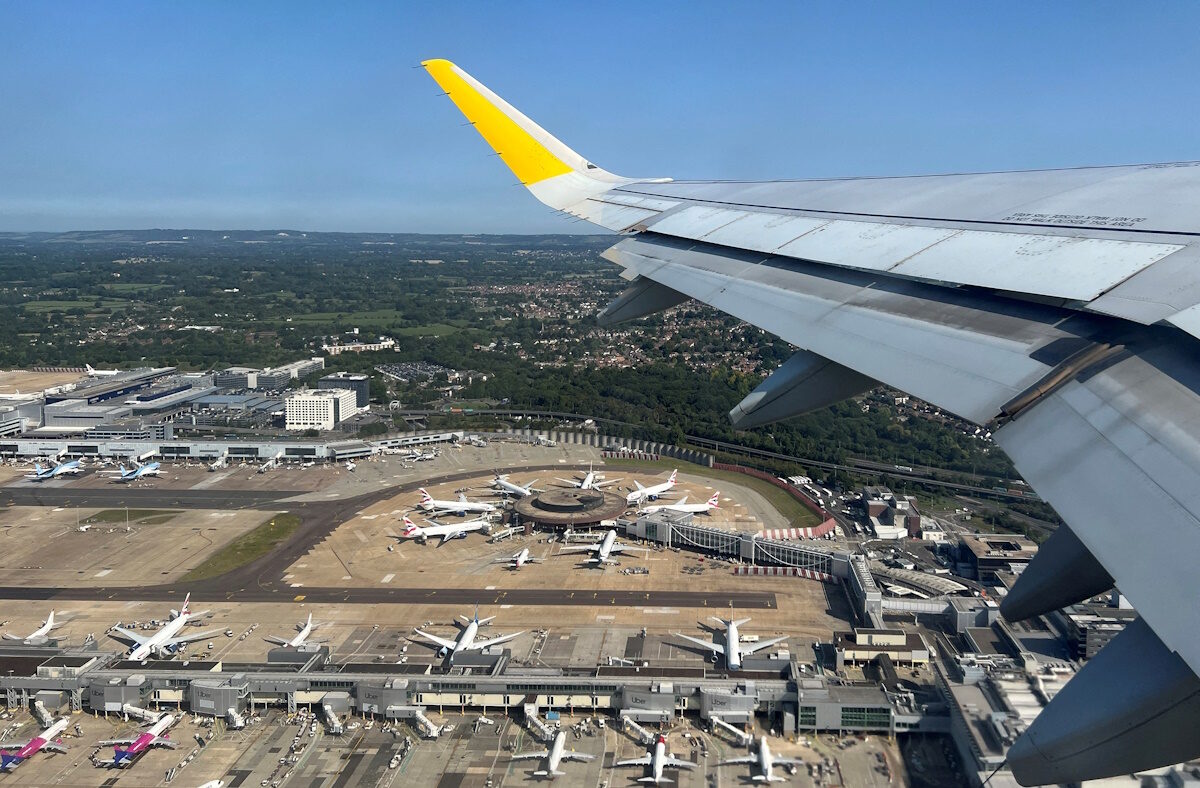 FILE PHOTO: An aerial view of London Gatwick Airport, viewed from a Vueling passenger plane, near Crawley, Britain, August 15, 2025.