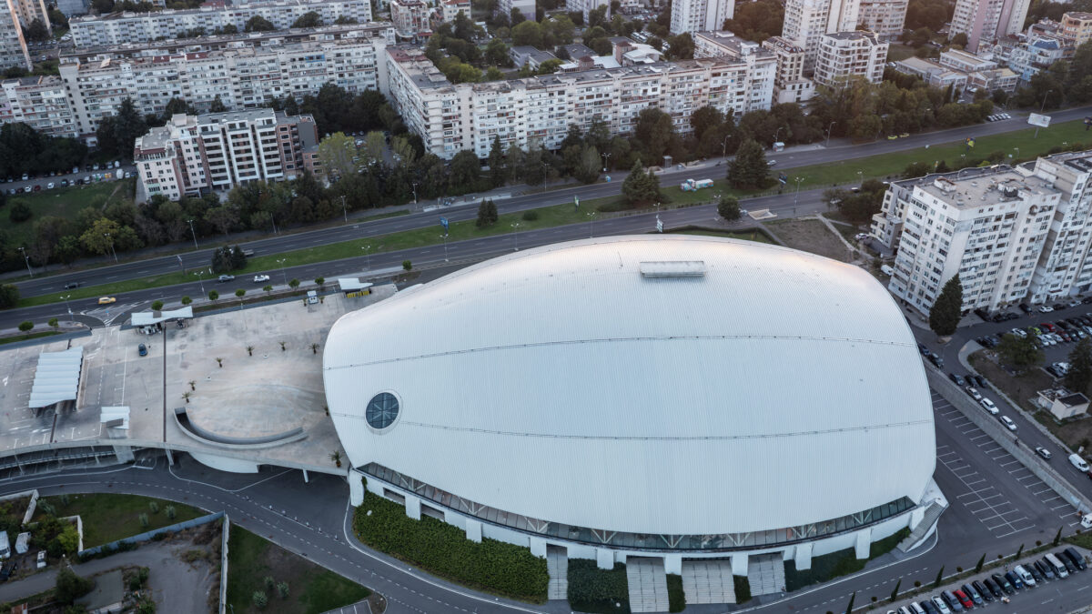 Burgas, Bulgaria - September 08.2025: Aerial view of new modern sports arena with in Burgas, Bulgaria