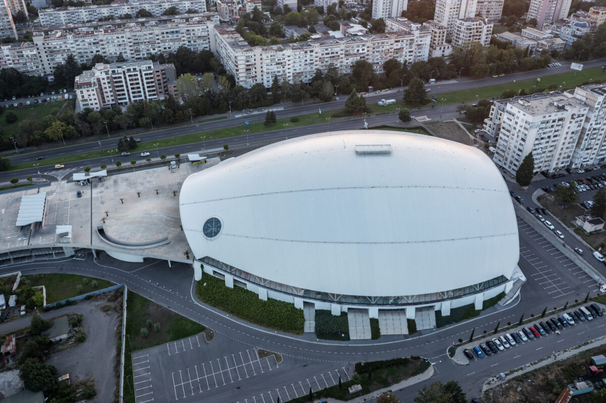 Burgas, Bulgaria - September 08.2025: Aerial view of new modern sports arena with in Burgas, Bulgaria