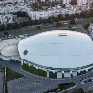 Burgas, Bulgaria - September 08.2025: Aerial view of new modern sports arena with in Burgas, Bulgaria