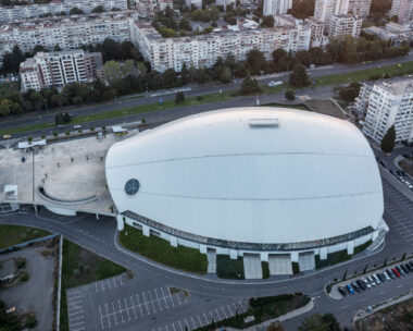 Burgas, Bulgaria - September 08.2025: Aerial view of new modern sports arena with in Burgas, Bulgaria