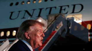 U.S. President Donald Trump speaks to members of the media after disembarking Air Force One at Joint Base Andrews, Maryland, U.S., August 11, 2026. REUTERS/Kylie Cooper