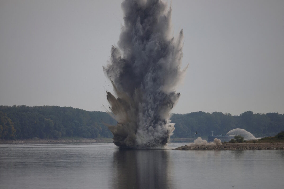 Romanian Navy blasts rocks in controlled explosions on the Bala channel to divert the Danube water flow toward the Cernavoda nuclear power plant, in Izvoarele, Romania, August 3, 2026.