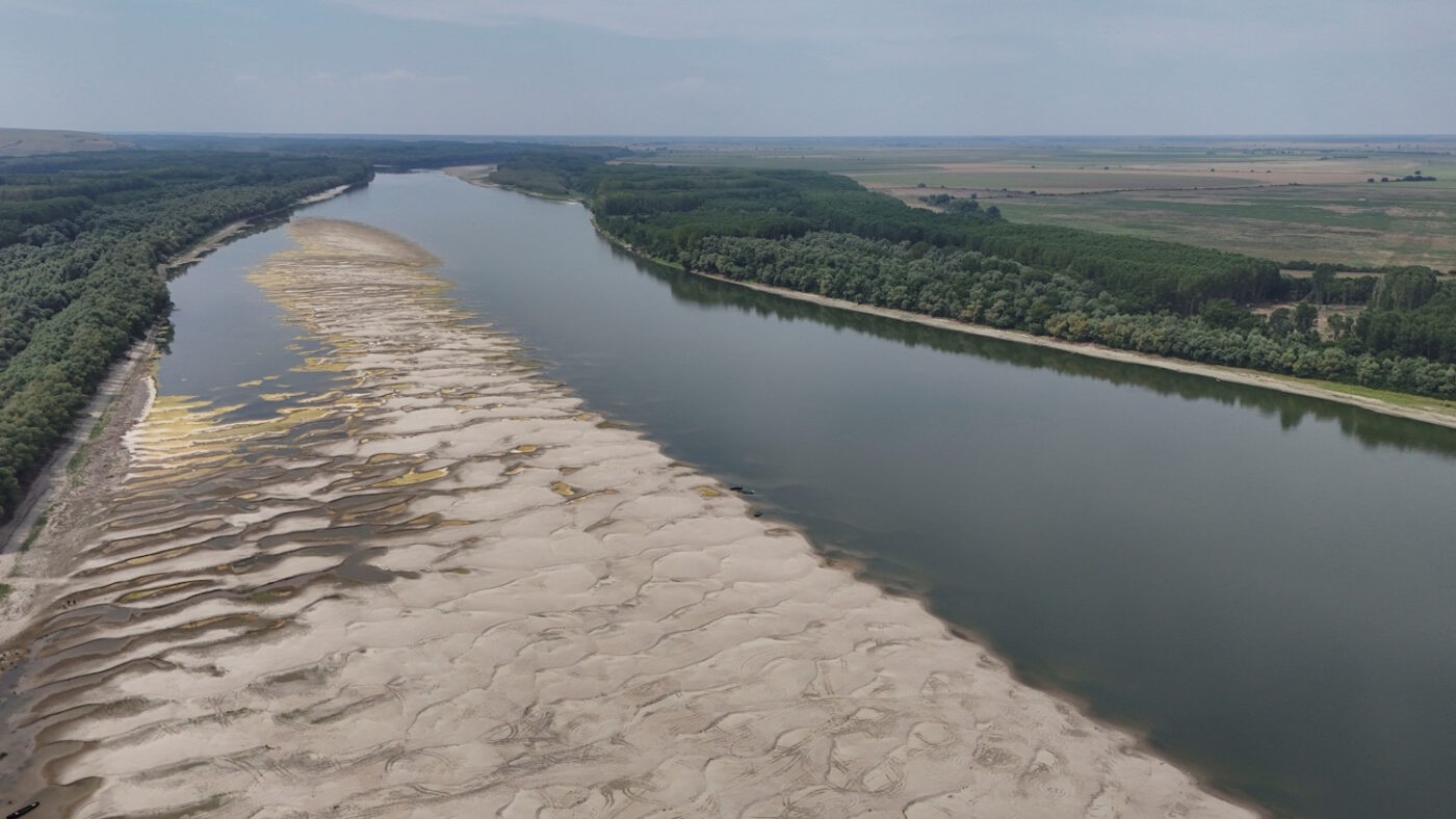 A drone view shows sand banks on the Old Danube river ramification, in Rasova, Constanta, Romania, August 3, 2026.