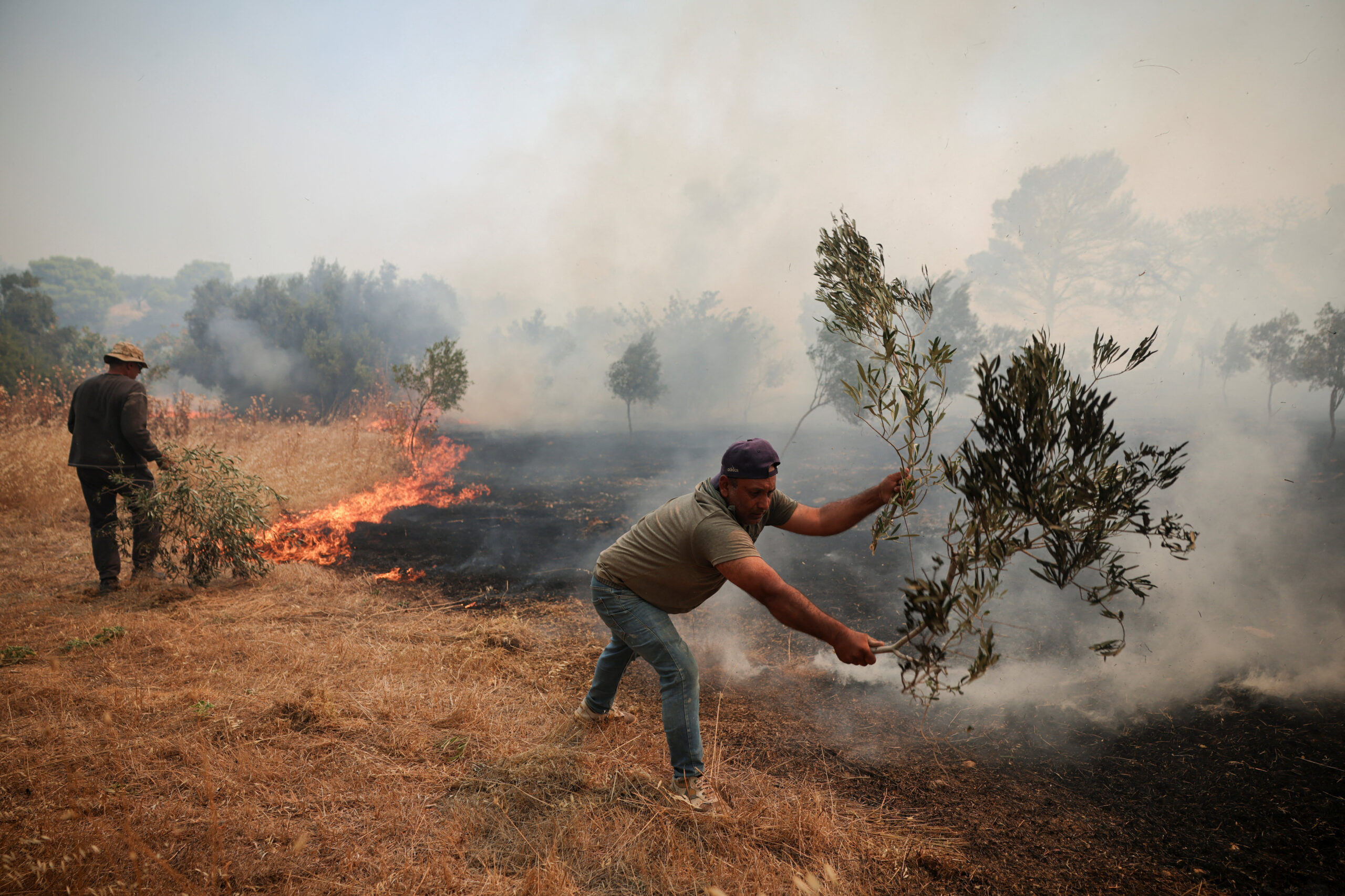 Wildfire burns in Greece Workers use olive branches to extinguish flames during a wildfire in the Megara valley, Greece, August 2, 2026. REUTERS/Louisa Gouliamaki