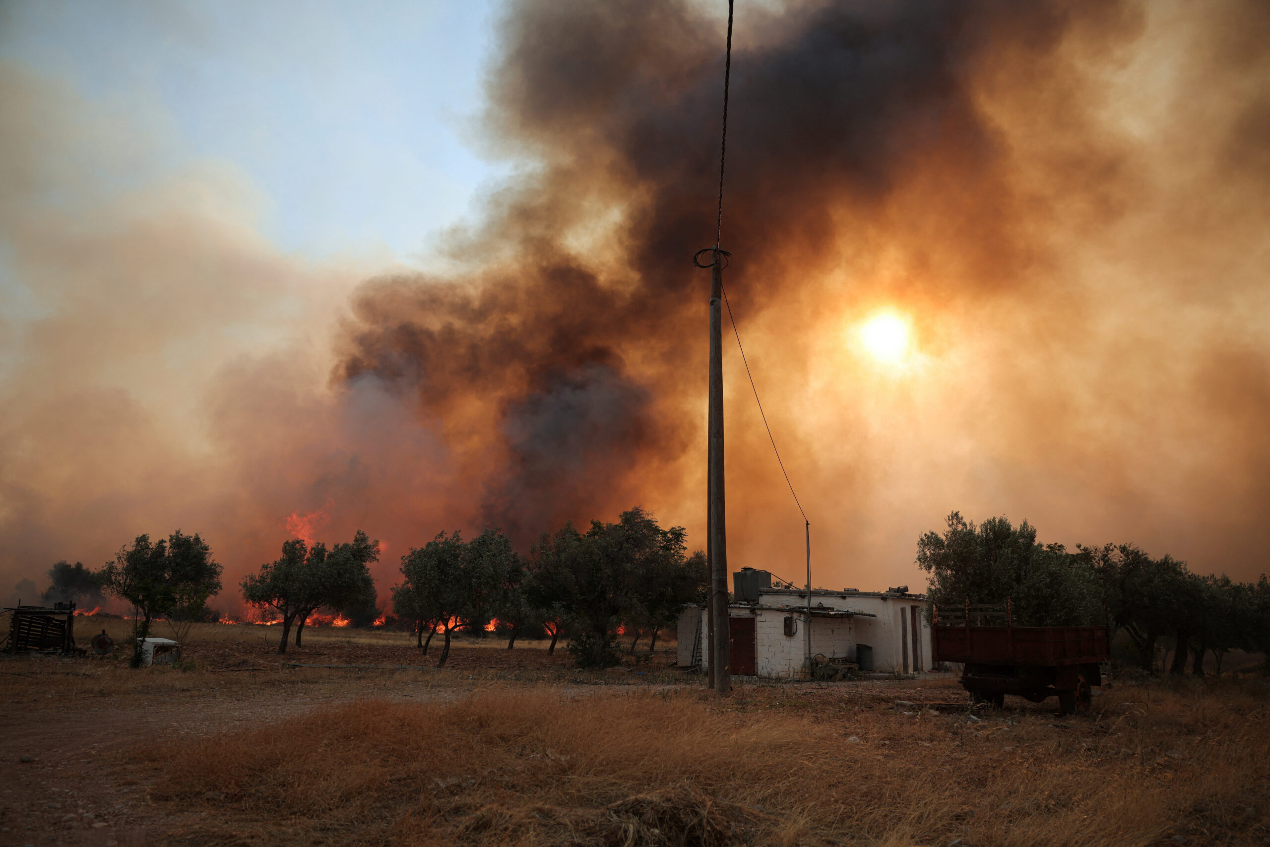 Wildfire burns in Greece Sun shines through smoke during a wildfire in the Megara valley, Greece, August 2, 2026. REUTERS/Louisa Gouliamaki