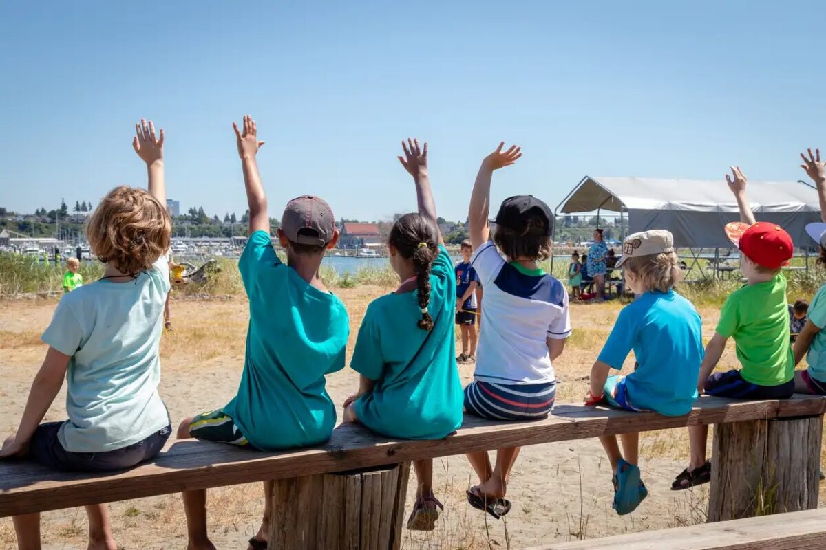 Students holding their hands up to volunter or ask questions of their teacher at an outdoor nature class. Jetty Island Washington.