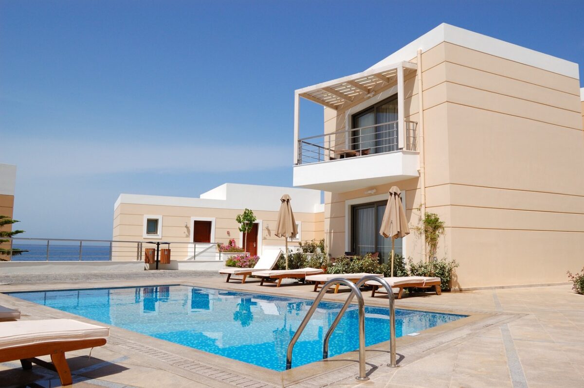 Swimming pool at the modern luxury villa, Crete, Greece