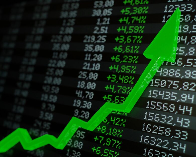 Stock market boom, financial gains, safe investment concept. Green arrow soaring over financial figures. Digital 3D render.