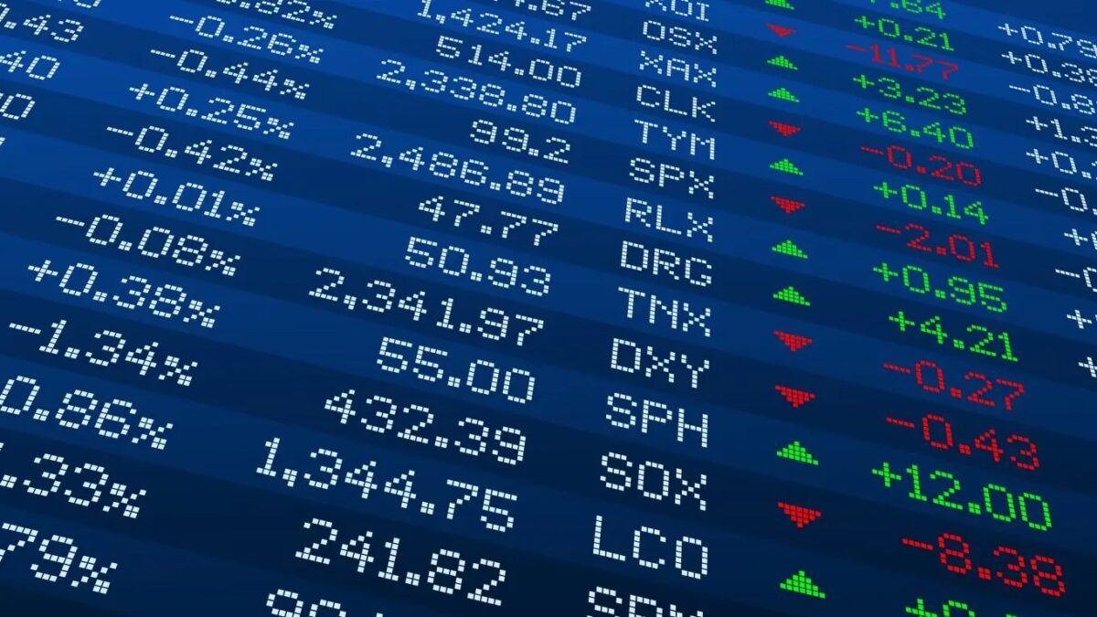 Display of Stock market quotes. Stock exchange board. Led digital display effect. Vector illustration.