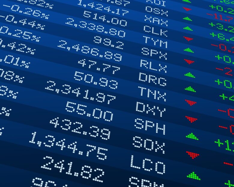 Display of Stock market quotes. Stock exchange board. Led digital display effect. Vector illustration.