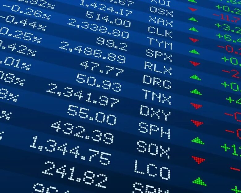Display of Stock market quotes. Stock exchange board. Led digital display effect. Vector illustration.
