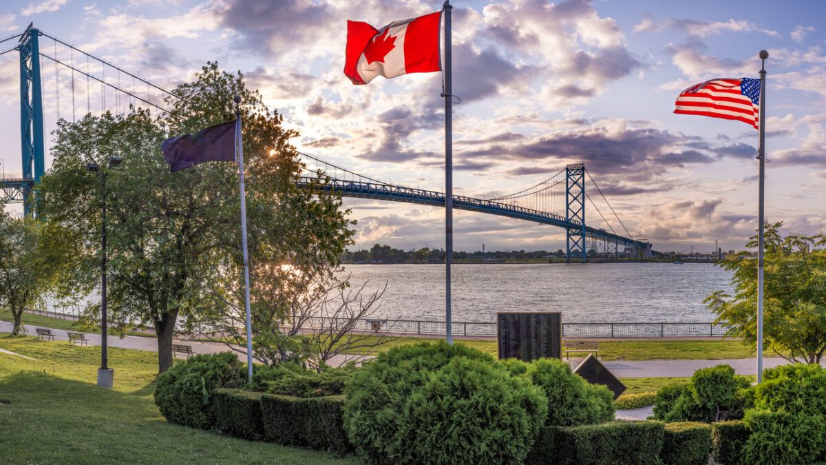The Ambassador bridge links Detroit, Michigan with Windsor, Ontario. It is one of the busiest trade routes in North America. This photo was taken from Windsor, Ontario, Canada, facing North-West towards Detroit.
