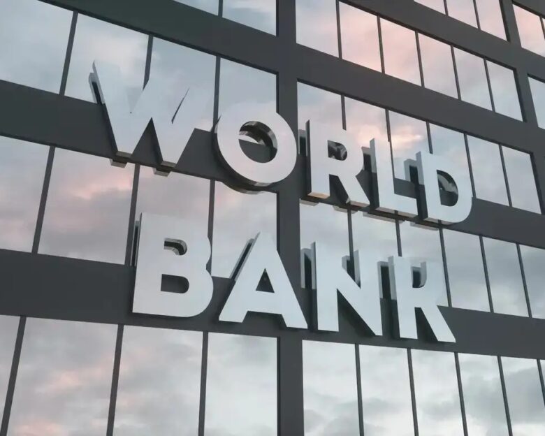 World Bank sign on a modern glass skyscraper. World Bank glass building. 3d rendering
