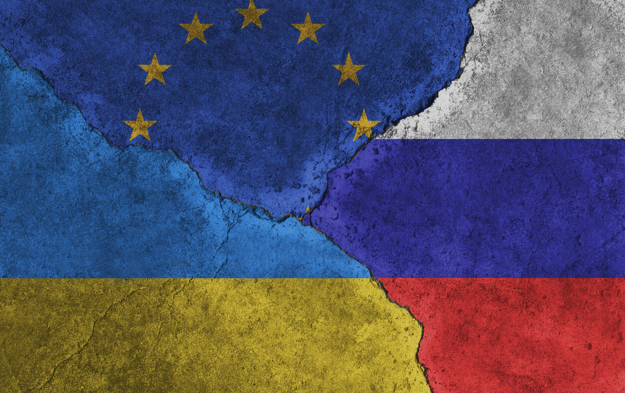 Ukraine vs EU vs Russia national flags