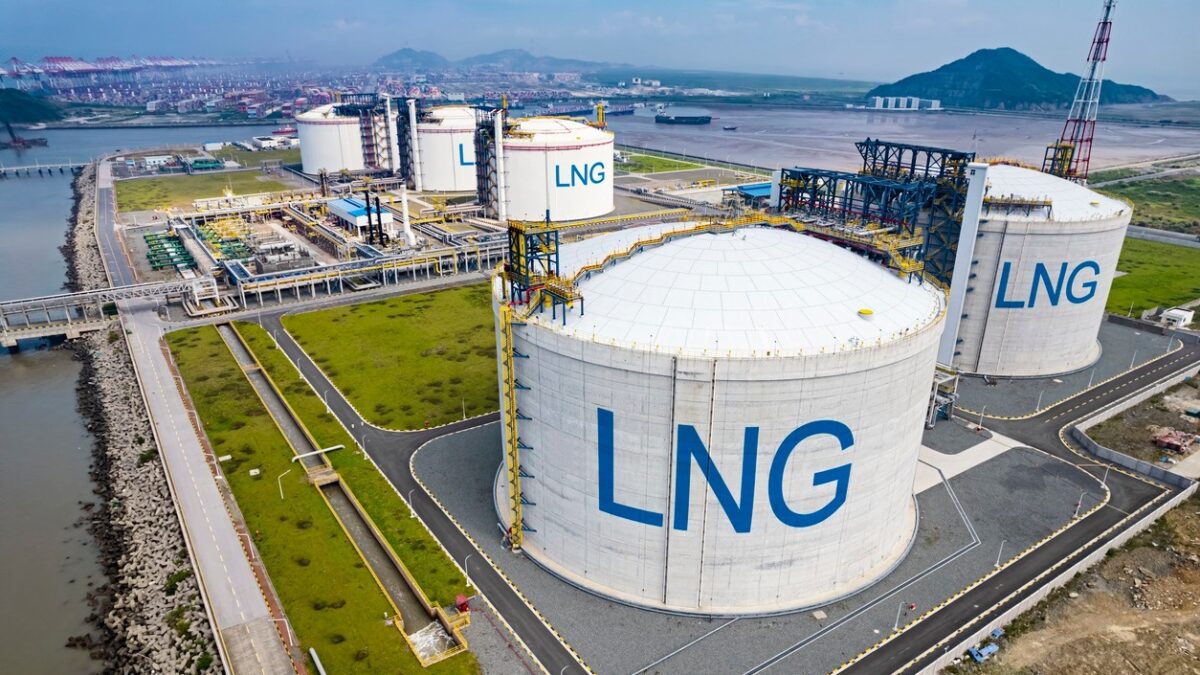 Picture of large LNG (Liquefied natural gas) tanks at regasification terminal