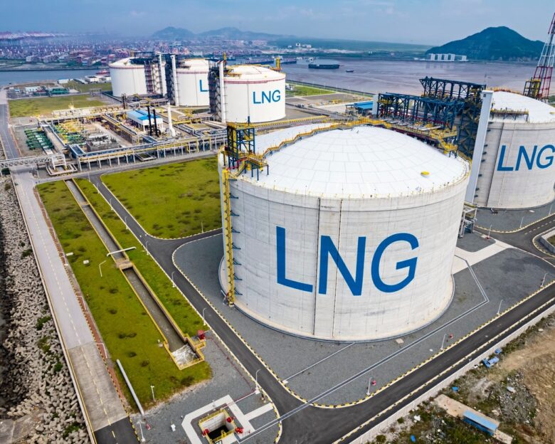 Picture of large LNG (Liquefied natural gas) tanks at regasification terminal