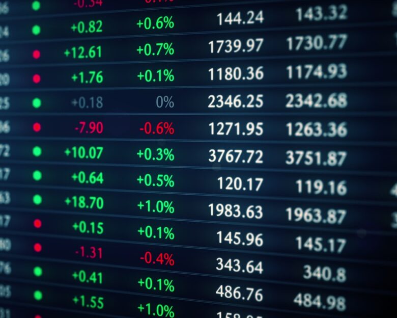 Financial stock market data tableau. Company and cryptocurrency tickers in bullish market 3D render. Economic growth and rising prices. Investor greed and appreciating shares. 4k background