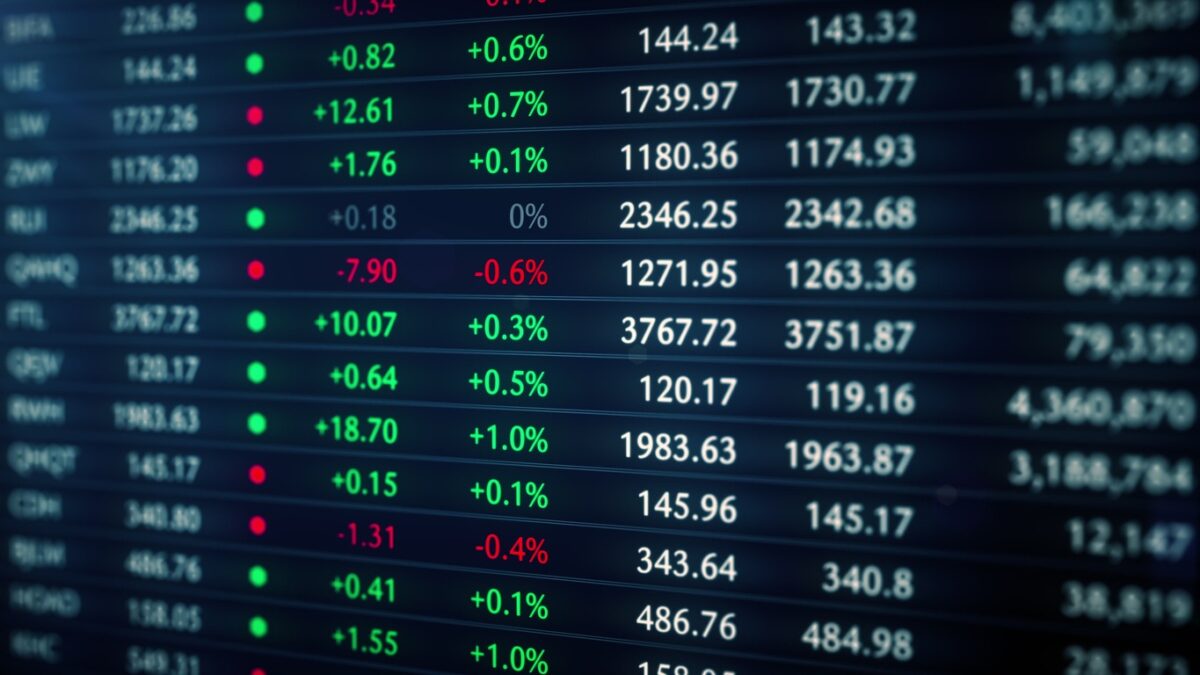 Financial stock market data tableau. Company and cryptocurrency tickers in bullish market 3D render. Economic growth and rising prices. Investor greed and appreciating shares. 4k background