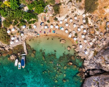 Aerial view on St. Paul's bay in Lindos, Rhodes island, Greece. Panoramic shot overlooking St Pauls Bay at Lindos on the Island of Rhodes, Greece, Europe.