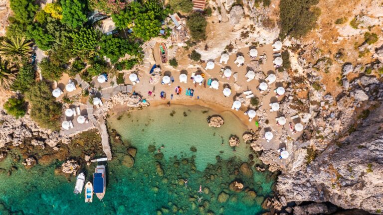 Aerial view on St. Paul's bay in Lindos, Rhodes island, Greece. Panoramic shot overlooking St Pauls Bay at Lindos on the Island of Rhodes, Greece, Europe.