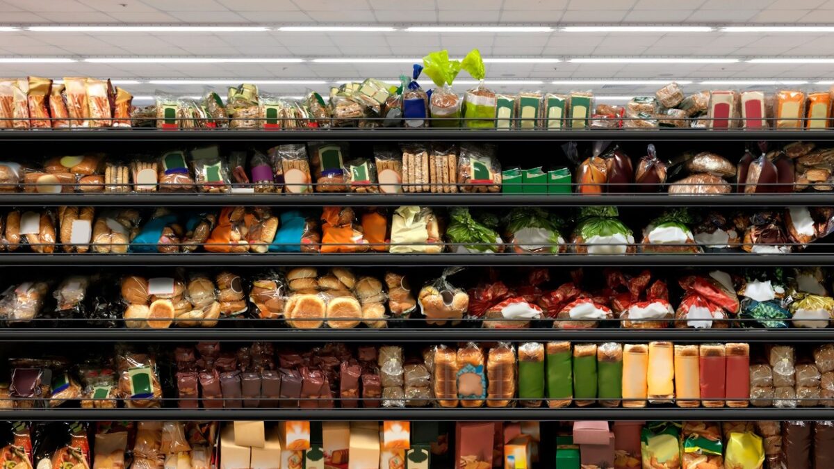 Various Bread Type On Shelf. Bread stacked on supermarket shelves. Suitable for presenting new products and new designs of labels among many others