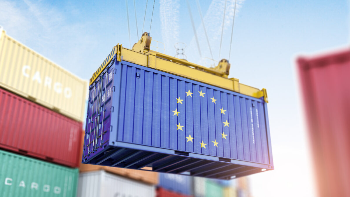 Cargo shipping container with EU European Union flag in a port harbor. Production, delivery, shipping and freight transportation of EU products concept. 3d illustration