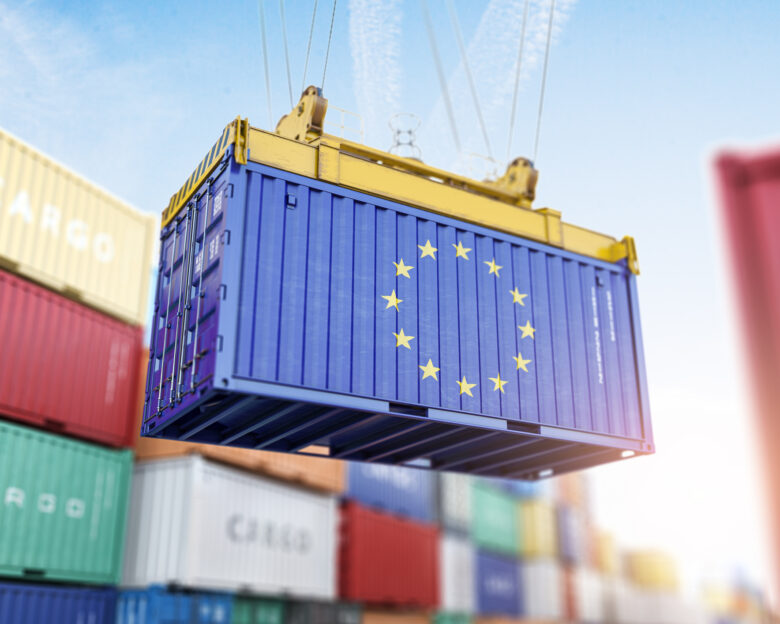 Cargo shipping container with EU European Union flag in a port harbor. Production, delivery, shipping and freight transportation of EU products concept. 3d illustration