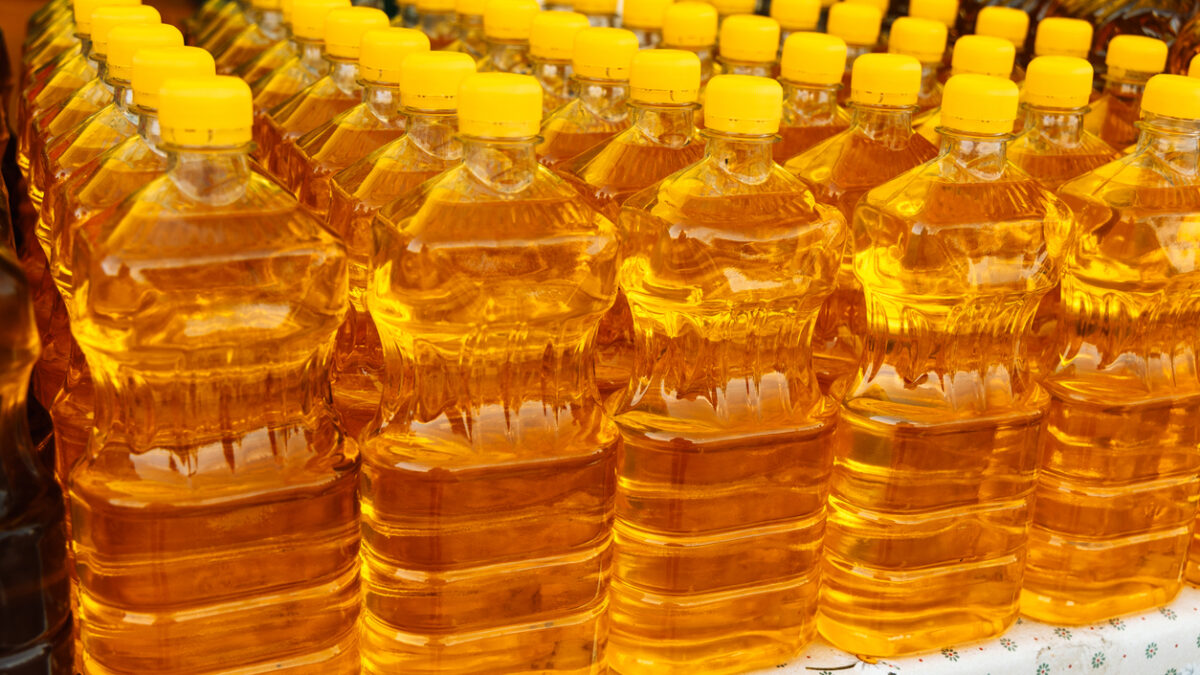 Plastic bottles with sunflower oil. Natural product. Food industry. High quality photo