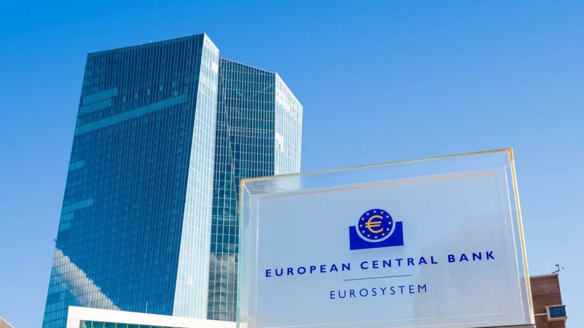 Low angle view of the sign and logo of the European Central Bank at the northern entrance of the Skytower building, headquarters of the ECB since 2015.
